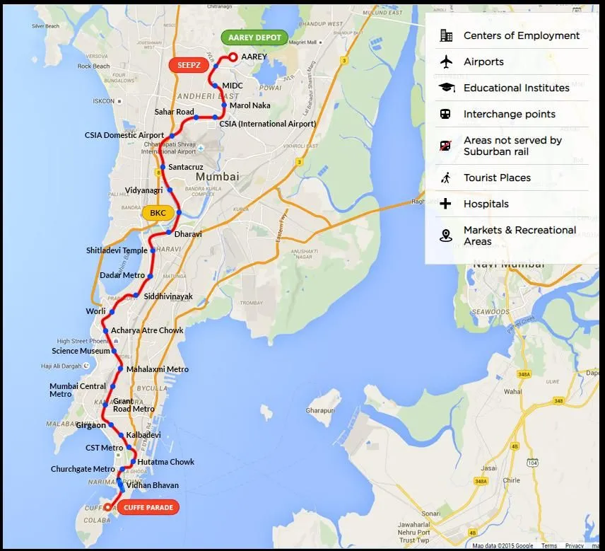 Cuffe Mumbai Metro Line 3 Route: Aqua-Line from Cuffe Parade to Aarey Colony.